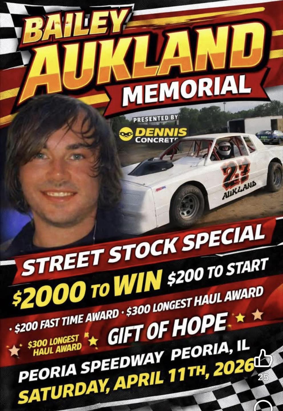 Bailey Aukland Memorial Presented By Dennis Concrete $2000 to win $200 to start for Street Stocks. post thumbnail image